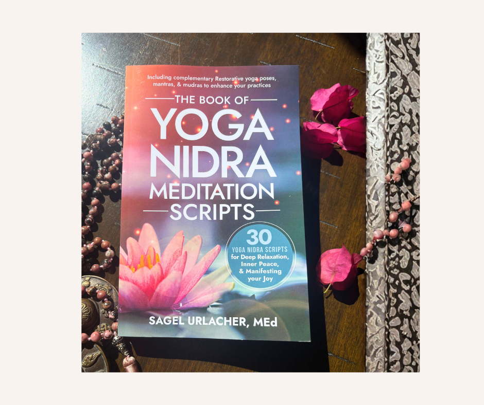 the book of yoga nidra meditation scripts book cover with mala and rose petals