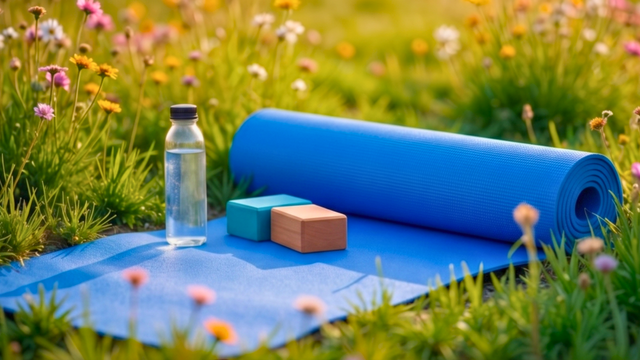 yoga mat on green grass on a summer day