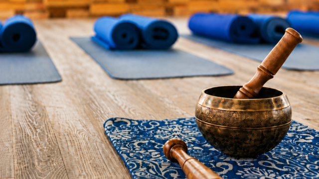 Yoga mats and singing bowl prepared for a trauma-informed Yoga Nidra practice