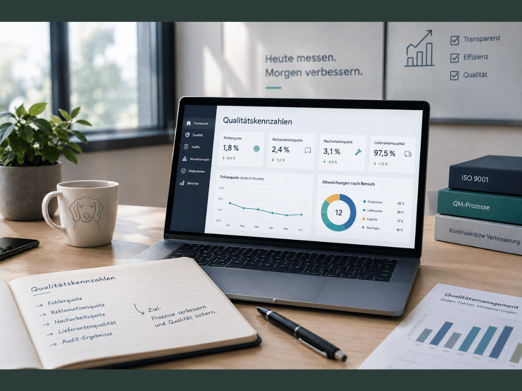 Laptop mit Dashboard und Odoo, Qualitätskennzahlen erfassen und beobachten 