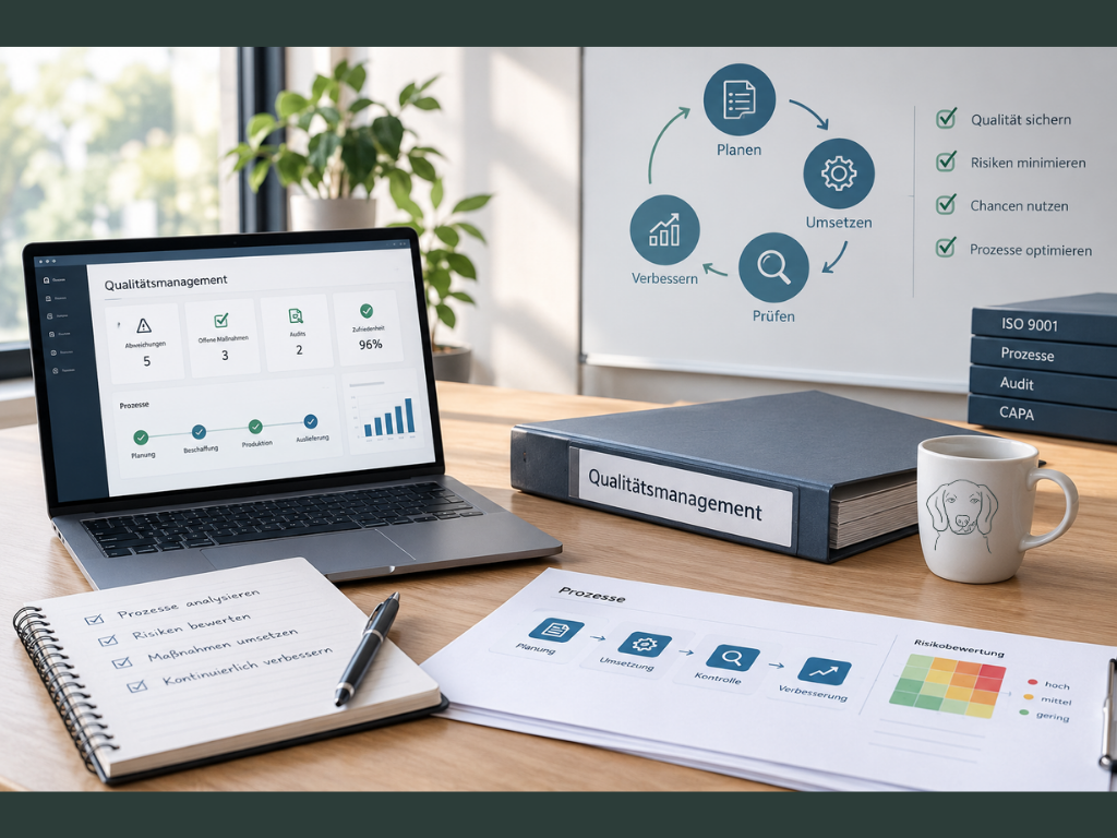 ein Schreibtisch mit Laptop QM Materialien 