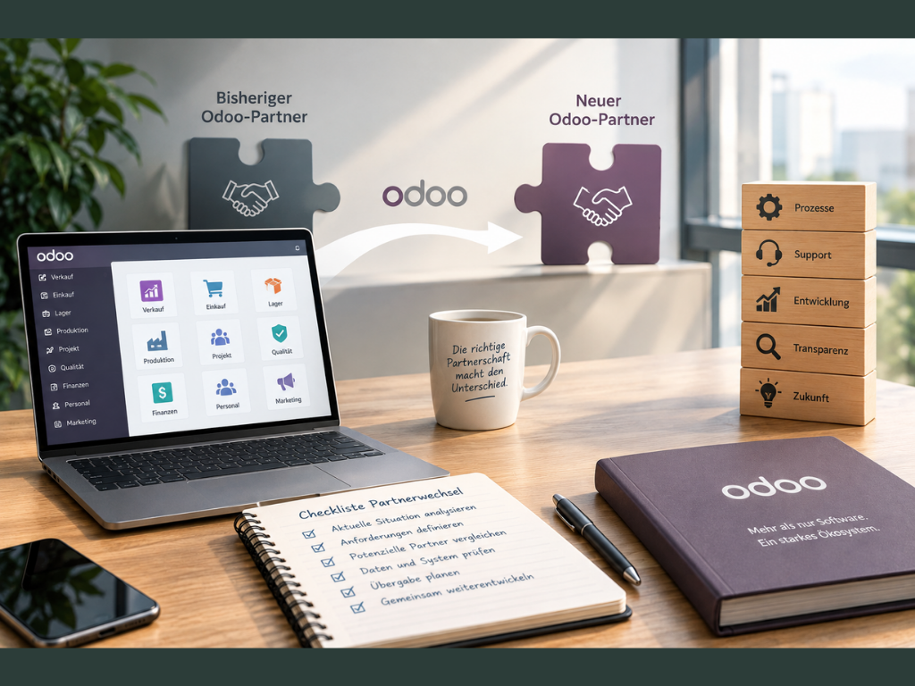 Laptop auf einem Schreibtisch mit Odoo und die Frage ob der Odoo Partner der richtige ist