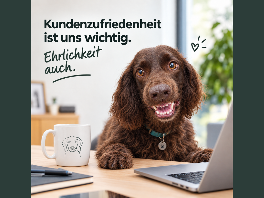 Hund Fletscher sitzt am Schreibtisch bei einem Kaffee und klärt auf dass Kundenzufriedenheit entsteht wenn man ehrlich zueinander ist 