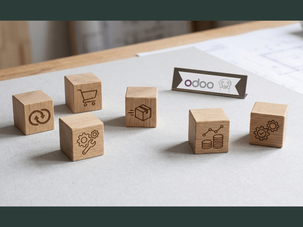 Klötze auf dem Tisch mit Symboolen verschiedener Odoo Apps und ein Schild auf dem odoo und das Fletscher Icon abgebildet sind