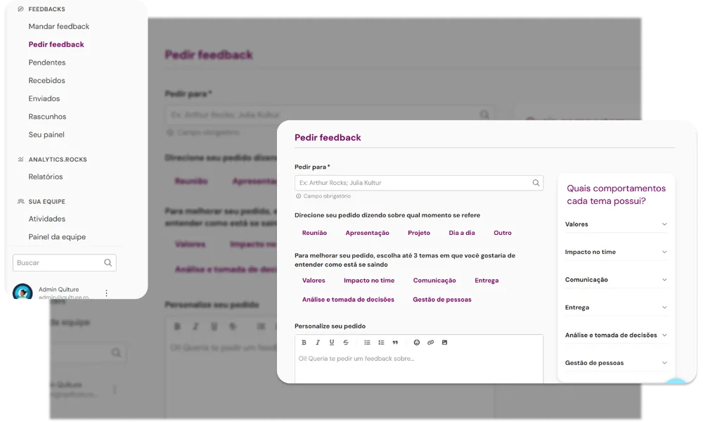 Painel da plataforma de feedback da Qulture Rocks