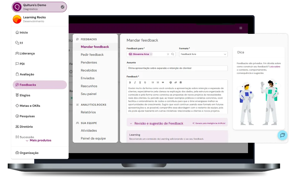 Tela do produto mostrando o envio de um feedback na Qulture Rocks
