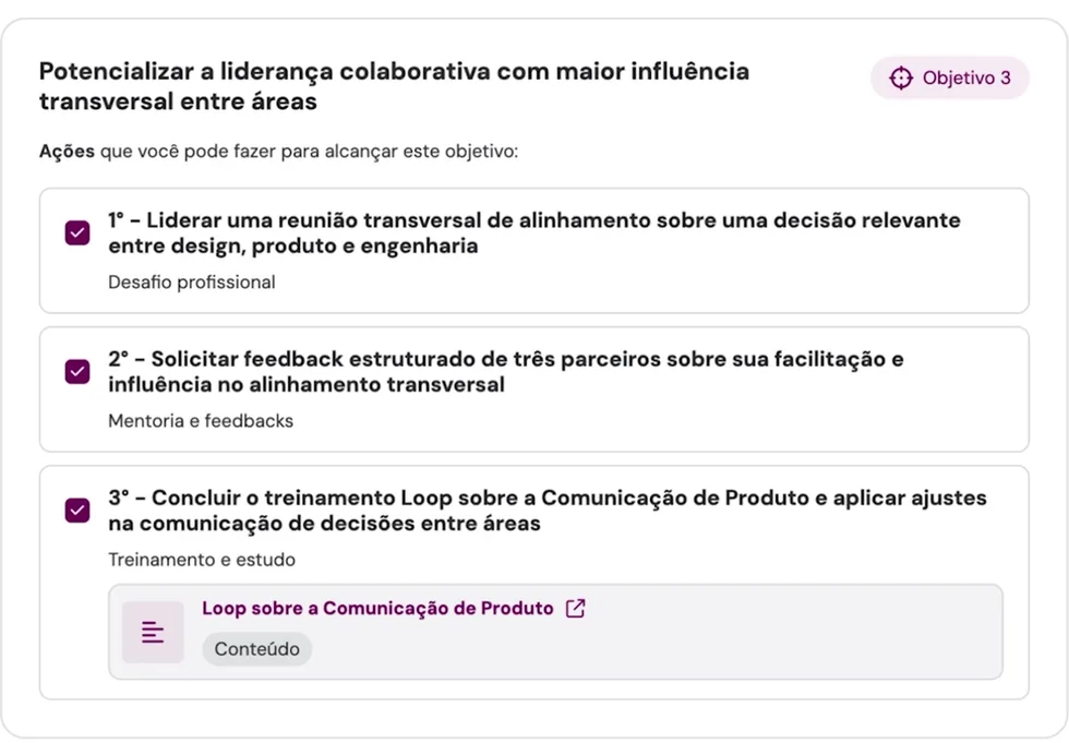Plano de desenvolvimento sugerido pelo MIA Assistant, com objetivo, três ações e um conteúdo relacionado.