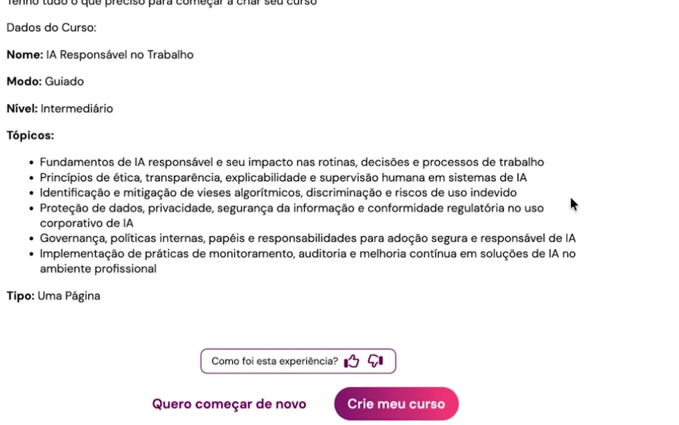 Resumo do curso estruturado pelo MIA Studio, com nome, modo, nível e tópicos, antes da criação.