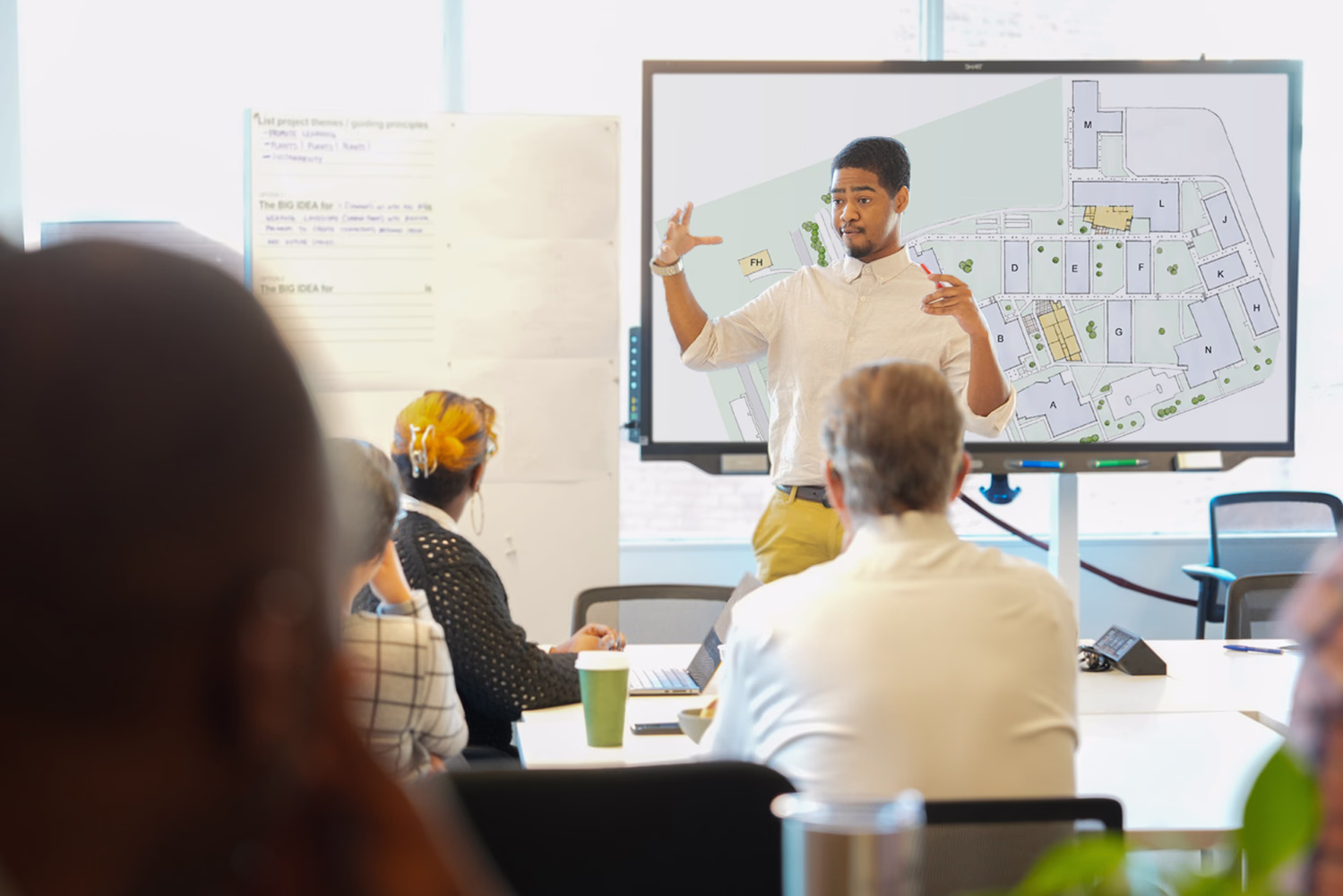 Team members listen to a presentation.