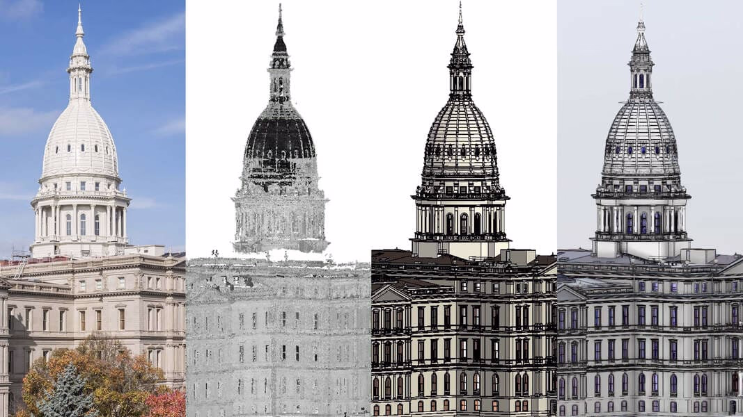 A photograph and renderings of the Michigan State Capitol.