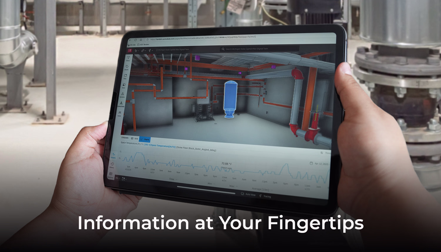Information at Your Fingertips. A person examines a digital twin on a mobile device.