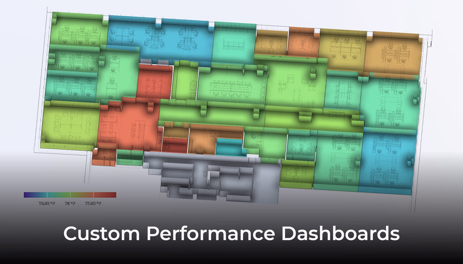 Custom Performance Dashboards. A variety of temperatures are visualized across rooms.