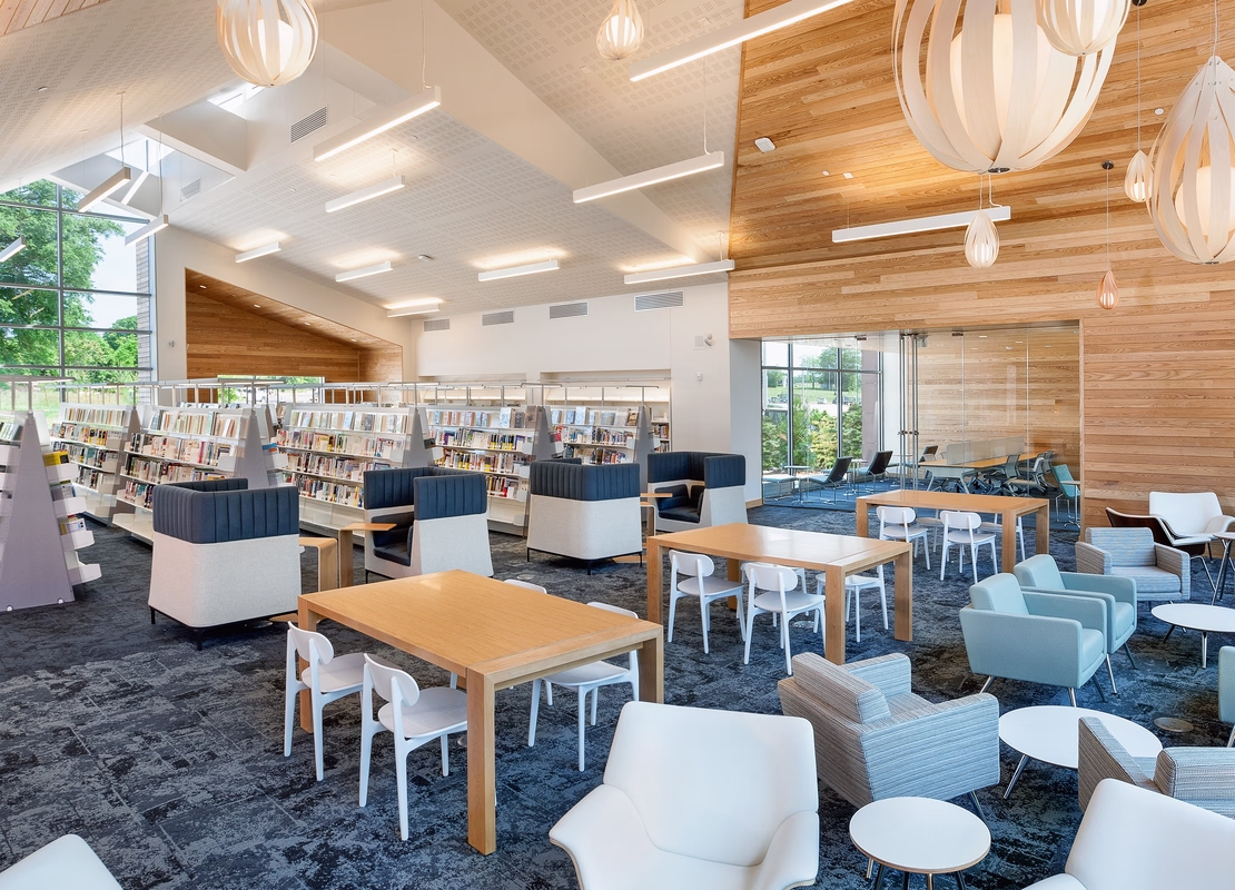 A brightly lit photograph of the Varina Library with no visitors on a sunny day. 