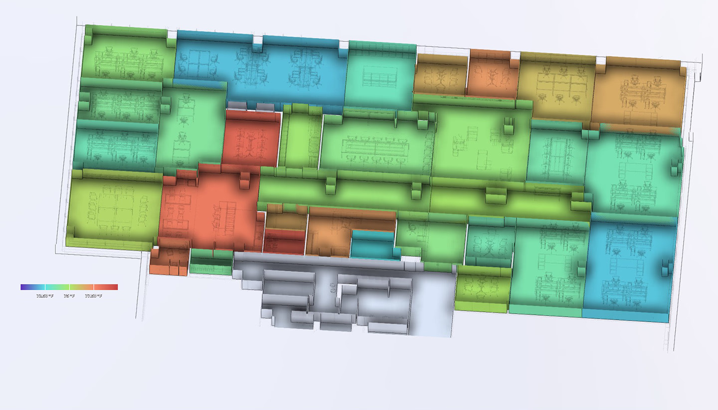 The digital twin of our Washington, DC, office uses different colors to show temperature in different spaces.