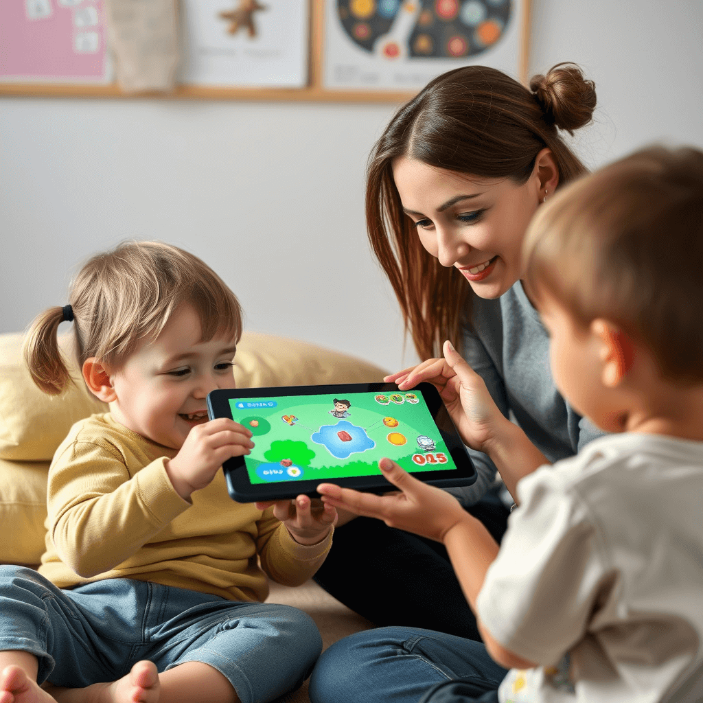 kids playing game on app with parent