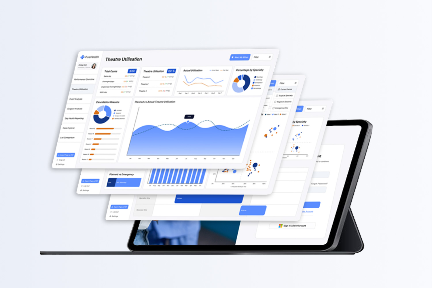 Operating theatre analytics software dashboard showing utilisation and scheduling efficiency metrics