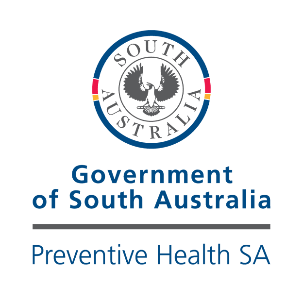 Preventive Health South Australia logo with stylized leaf and colored stripes on blue background.