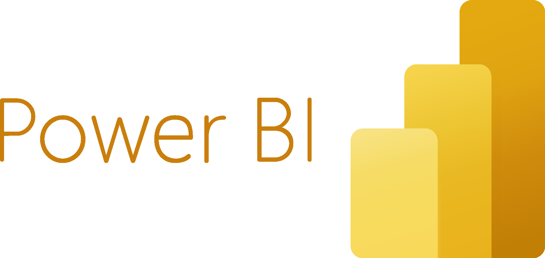 Power BI logo with text and three ascending yellow bars representing data visualization.