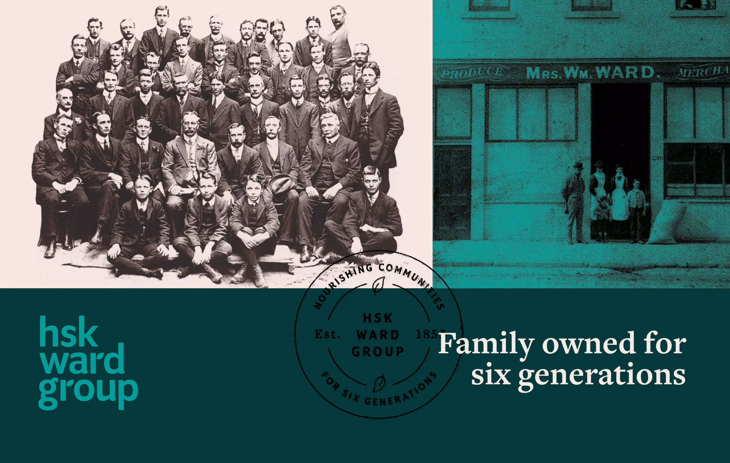 Historic black and white photo of a large group of men and a family standing outside a shop named Mrs Wm Ward.