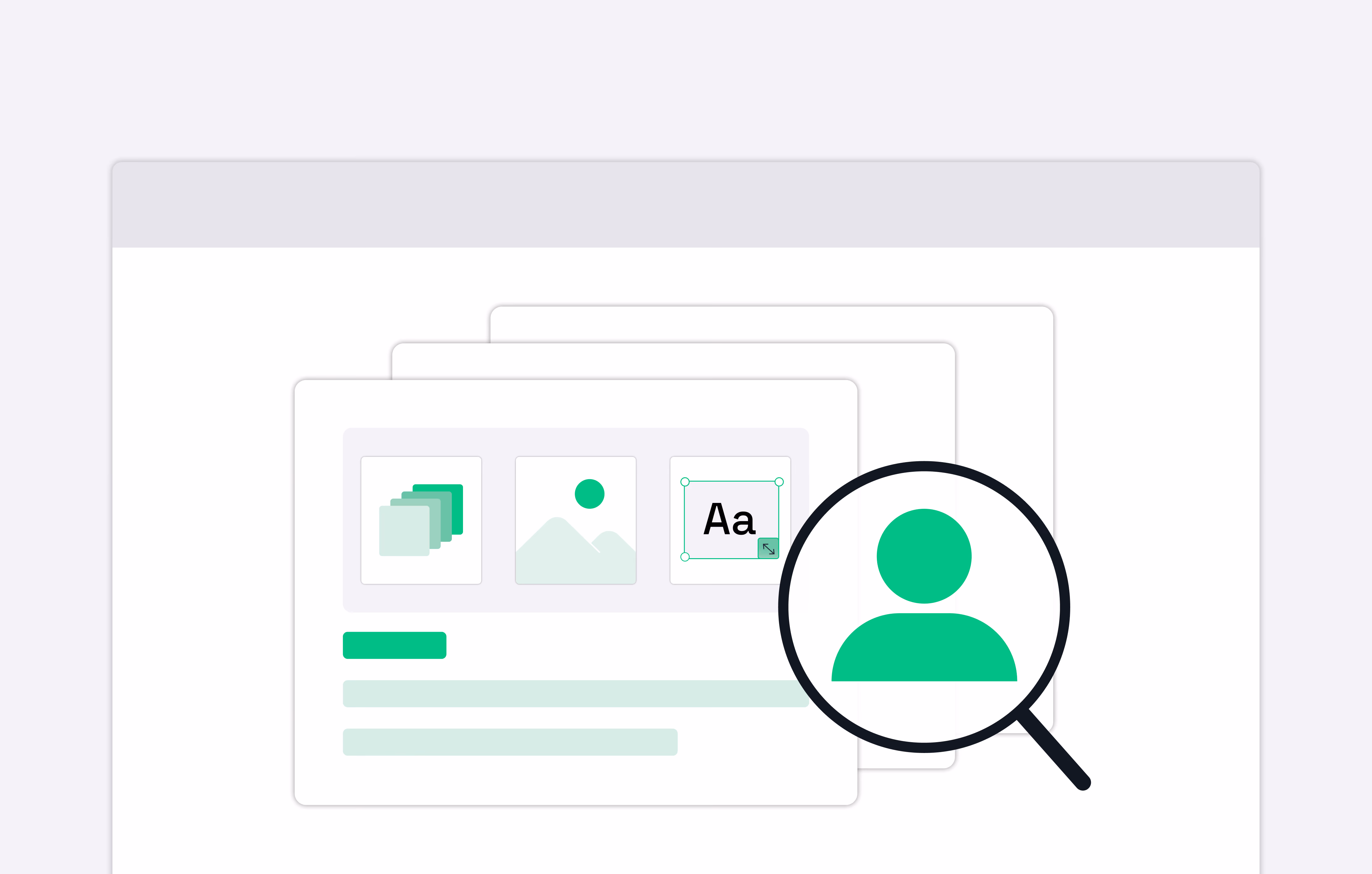 Illustration of overlapping user interface windows with icons for layers, images, and text editing, and a magnifying glass focusing on a green user profile icon.