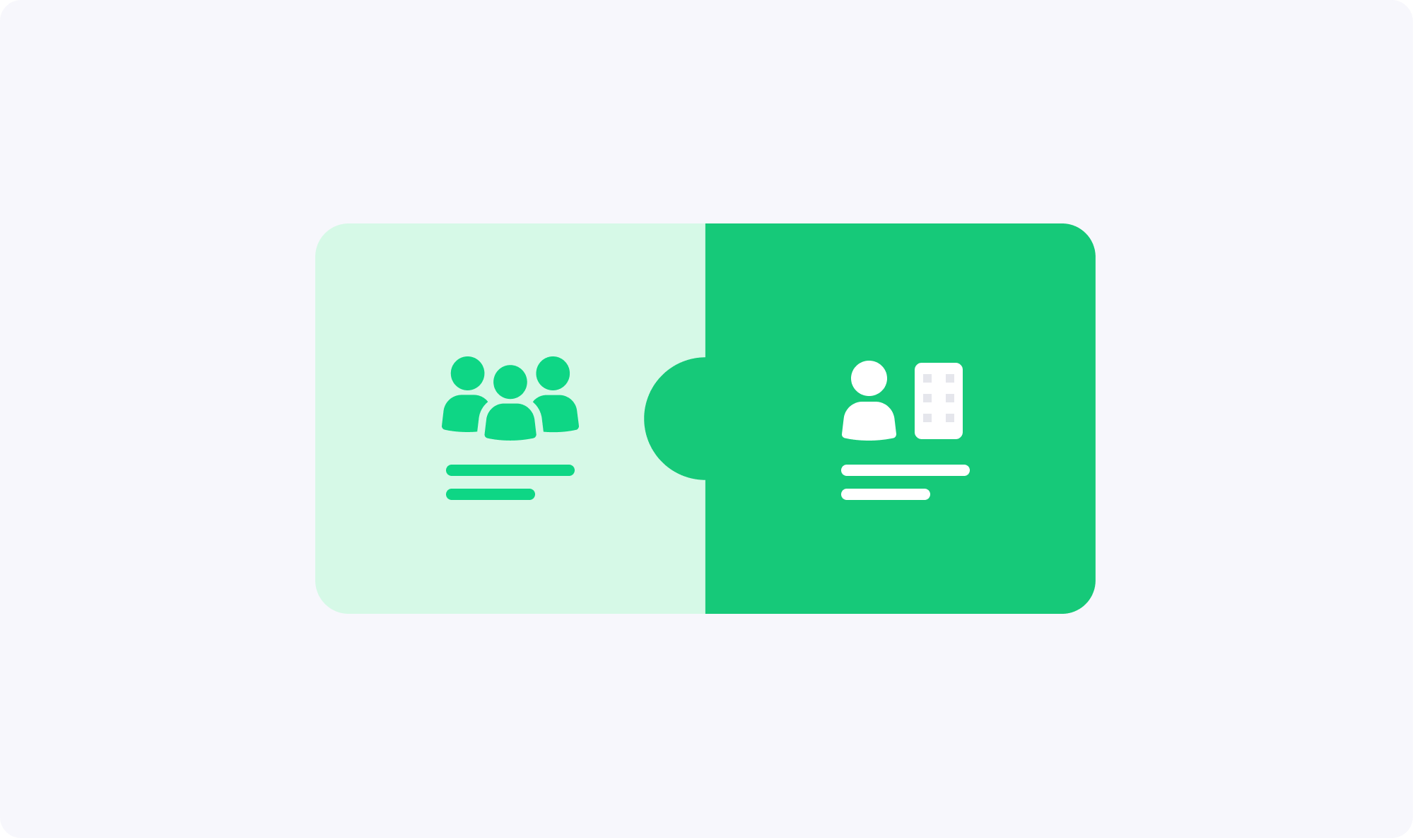 A rectangular graphic divided into two puzzle pieces; the left piece is light green with icons of three people and two lines representing text, the right piece is darker green with an icon of one person next to a building and two lines representing text.