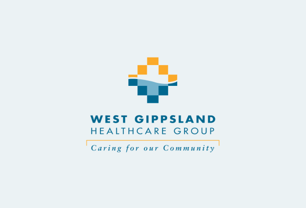 Logo of West Gippsland Healthcare Group with a pixelated diamond shape in orange and blue above the text, and the tagline 'Caring for our Community' below.
