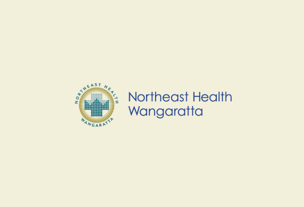 Logo of Northeast Health Wangaratta featuring a circular emblem with a stylized cross and wave pattern in blue and green, next to the text 'Northeast Health Wangaratta' in blue font on a light background.