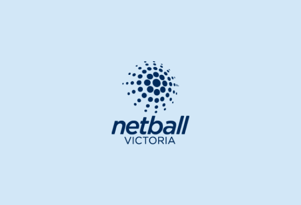 Netball Victoria logo featuring a circular pattern of navy blue dots above the text 'netball VICTORIA' on a light blue background.