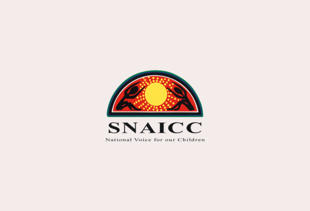 SNAICC logo featuring a stylised sun with radiating yellow dots flanked by two black figures kneeling and reaching towards it, above the text 'SNAICC' and 'National Voice for our Children'.