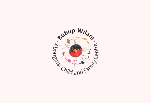 Logo featuring a circle of diverse smiling childlike figures holding hands around a central Aboriginal flag symbol, with the text 'Bubup Wilam Aboriginal Child and Family Centre' encircling the design.