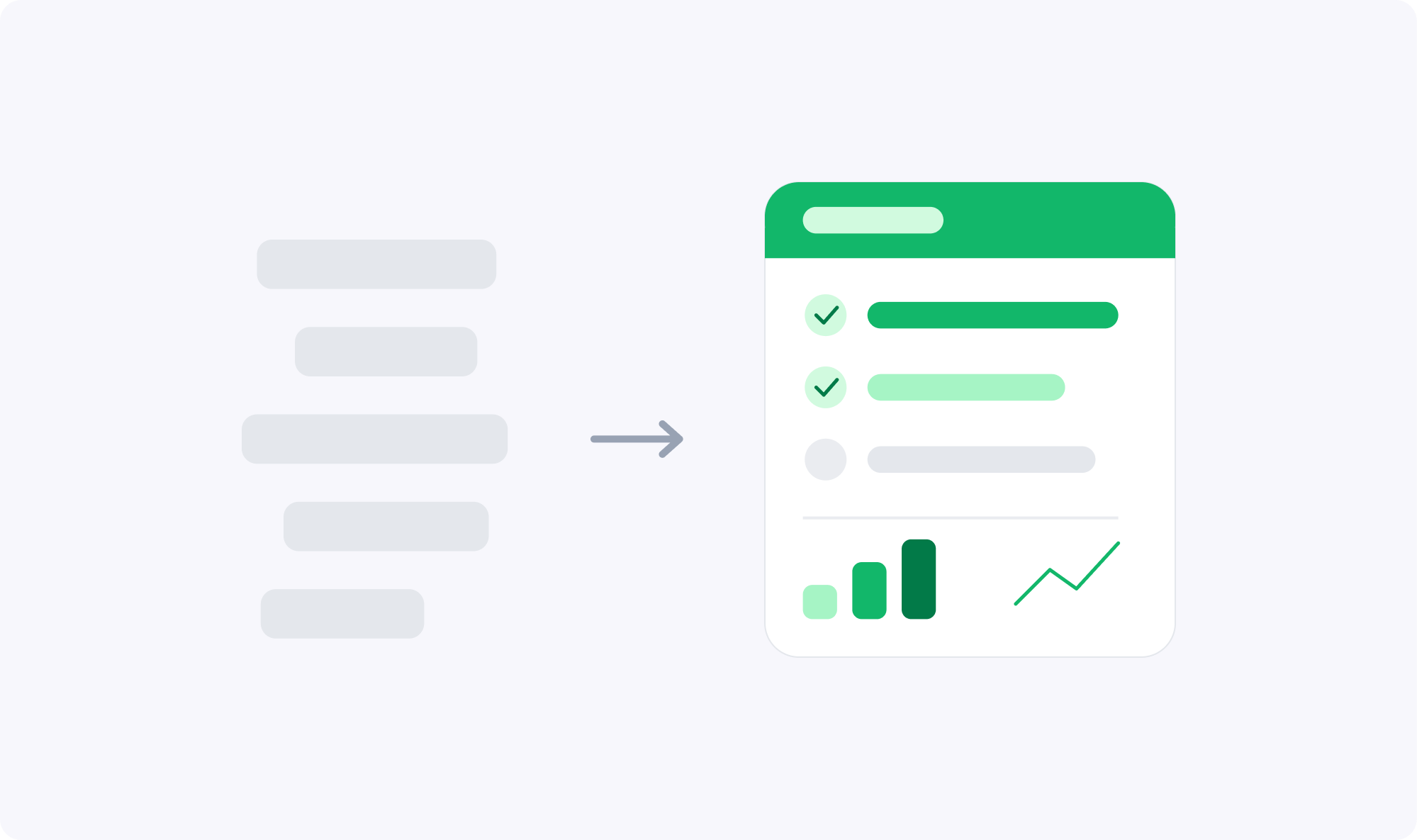 Illustration showing a sequence from a grey list on the left to a green and white digital dashboard on the right featuring check marks, bar graphs, and a line graph, connected by a rightward arrow.