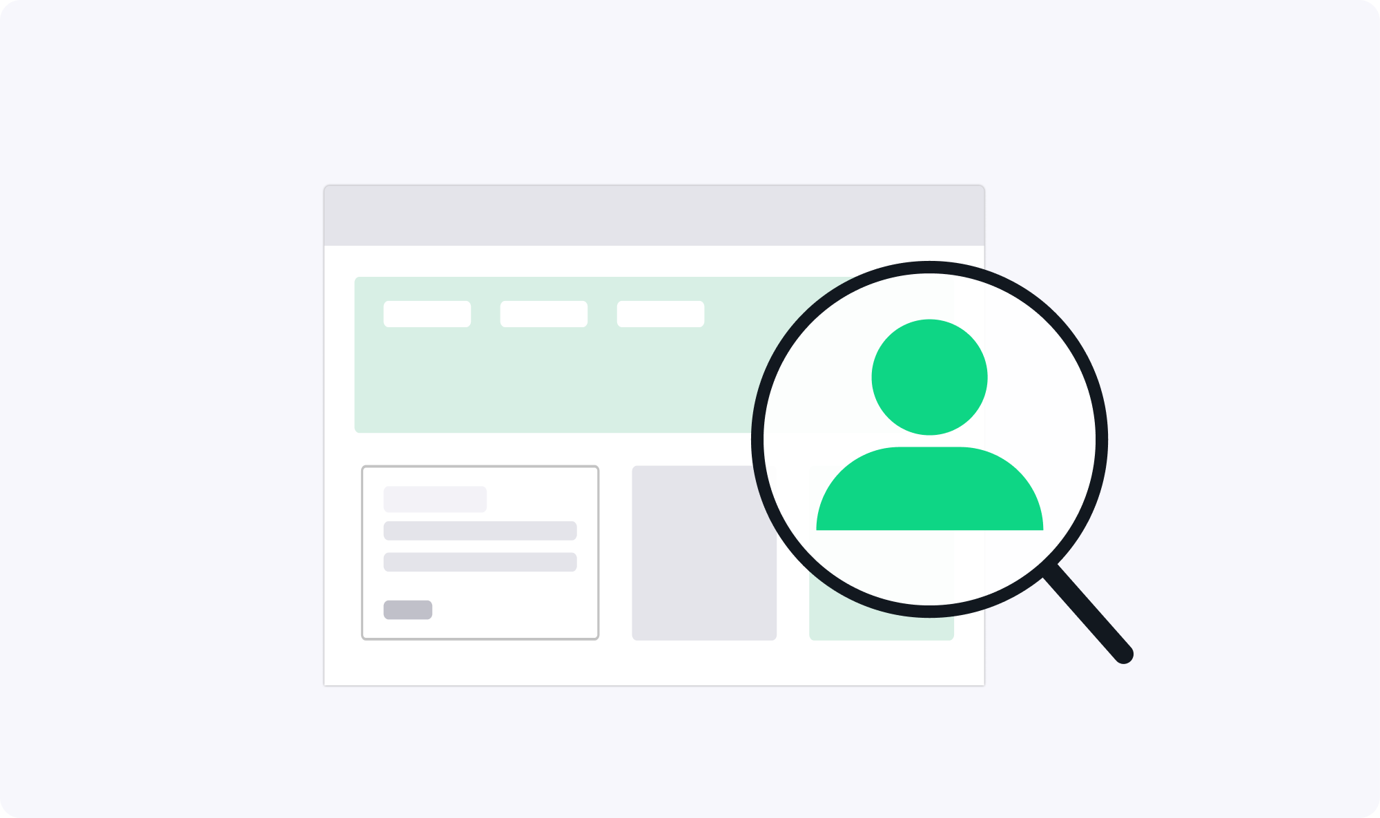 Website interface illustration with a magnifying glass highlighting a green user icon, representing user search or profile focus.