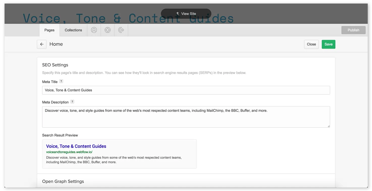 Page settings in the Editor