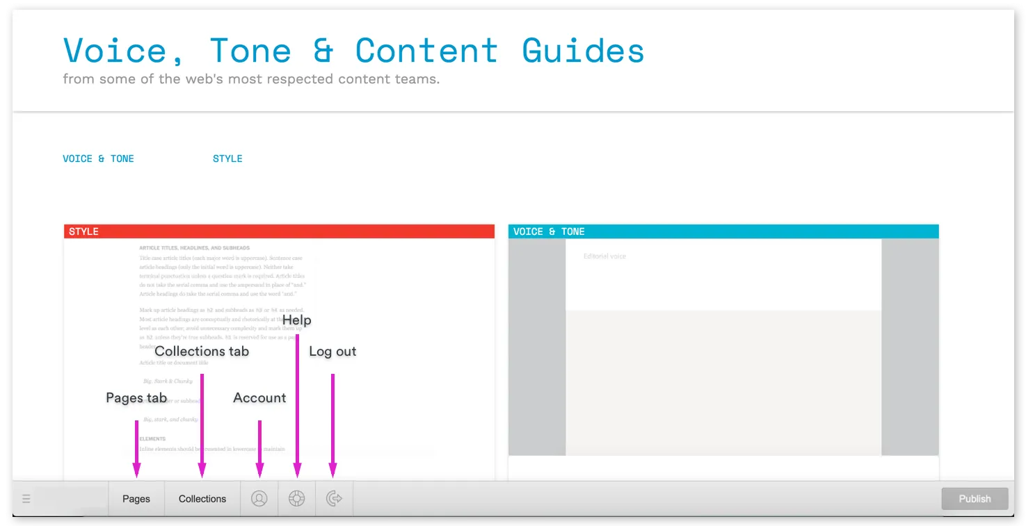 The Editor panel with tabs for pages, Collections, account settings, help content, and a log out button