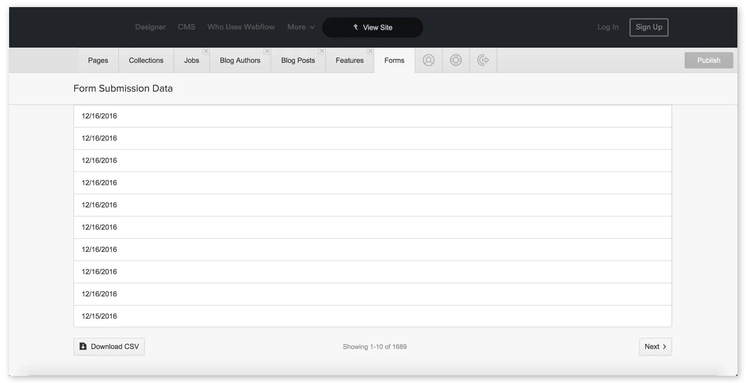 The forms tab lists submissions by date