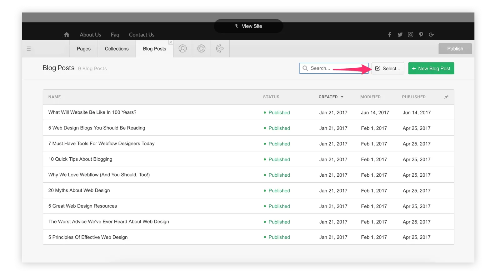 Click the "Select" button to bulk manage Collection items