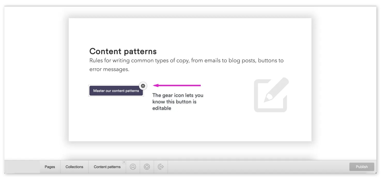 To edit a button's text or link, click the gear icon, then the appropriate option