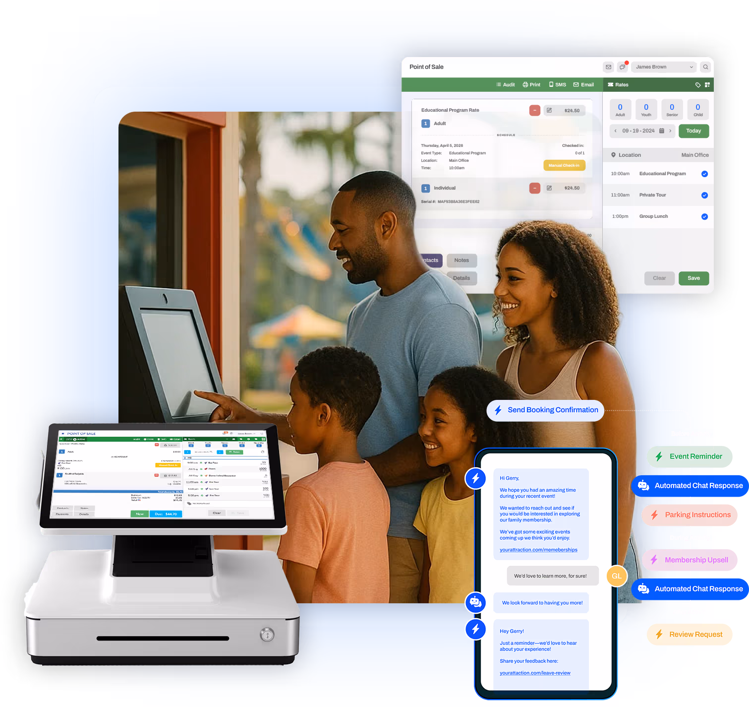 Family using RocketRez POS system at attraction with AI chat interface showing automated guest communication features