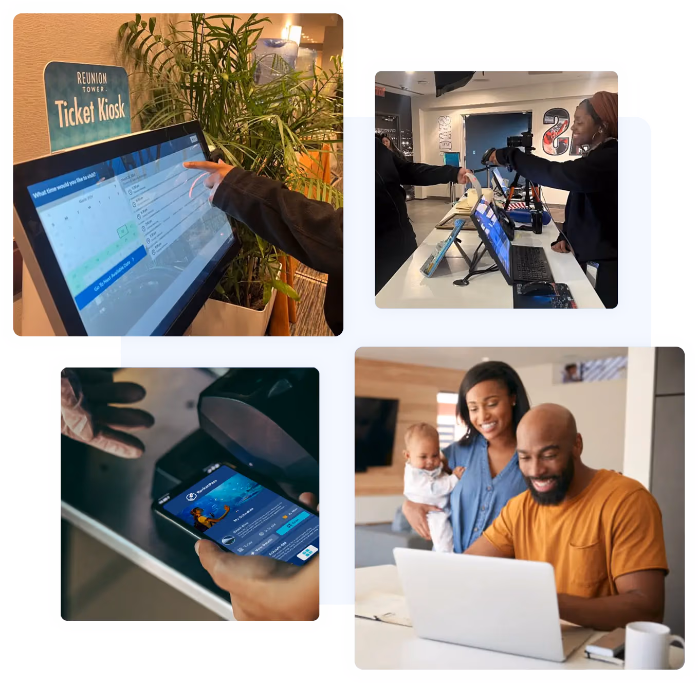 RocketRez ticketing system in use: self-service kiosk, POS terminal, mobile app, and family managing bookings online