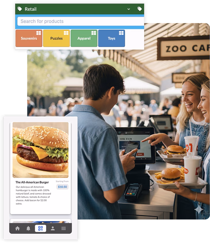 Guests buying food at zoo café using RocketRez POS for quick-service dining integration.