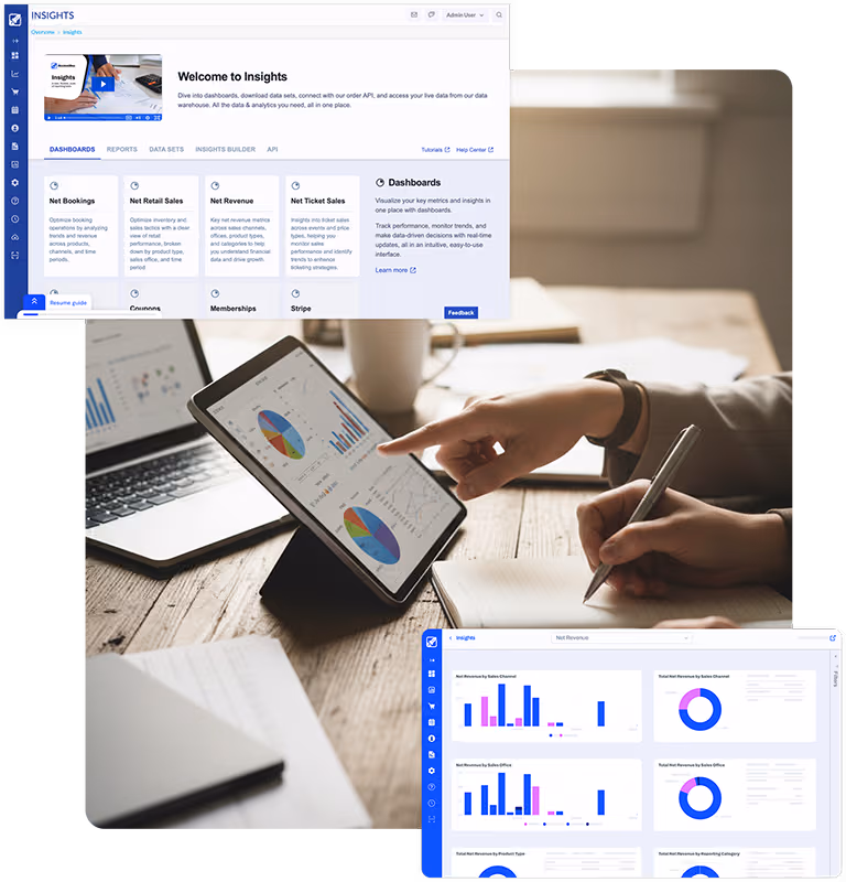Zoo staff reviewing RocketRez analytics dashboard with real-time sales and operations insights.