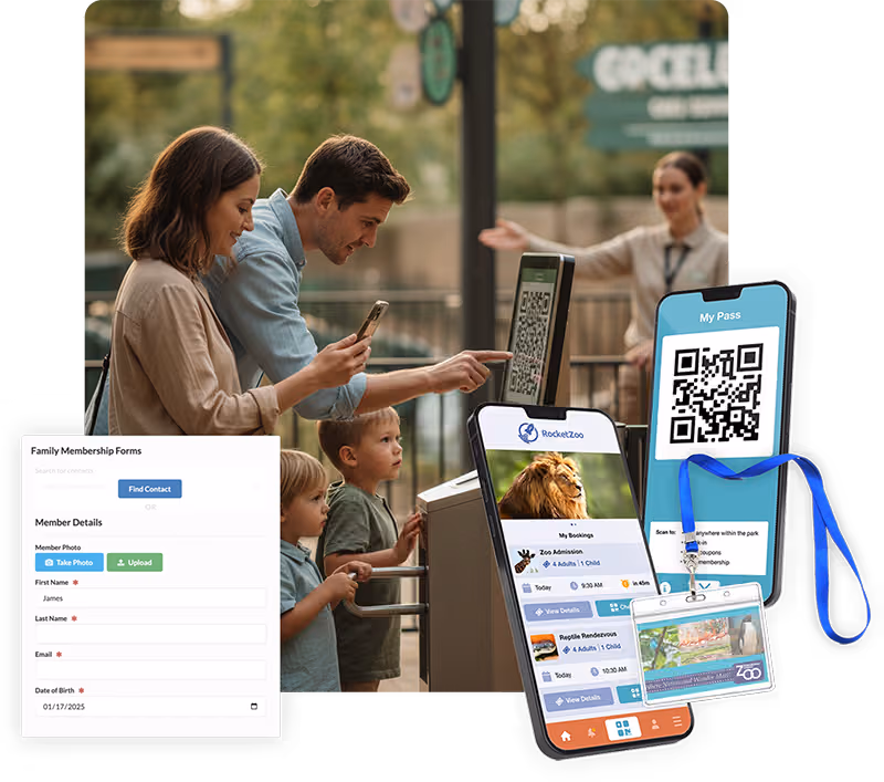 Family scanning digital zoo membership passes at entry kiosk with mobile app and QR code for seamless access