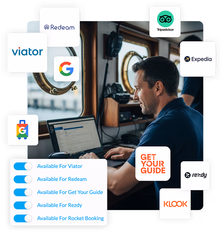 Boat tour operator managing online bookings with integrated OTA connections like Viator, Expedia, and GetYourGuide.