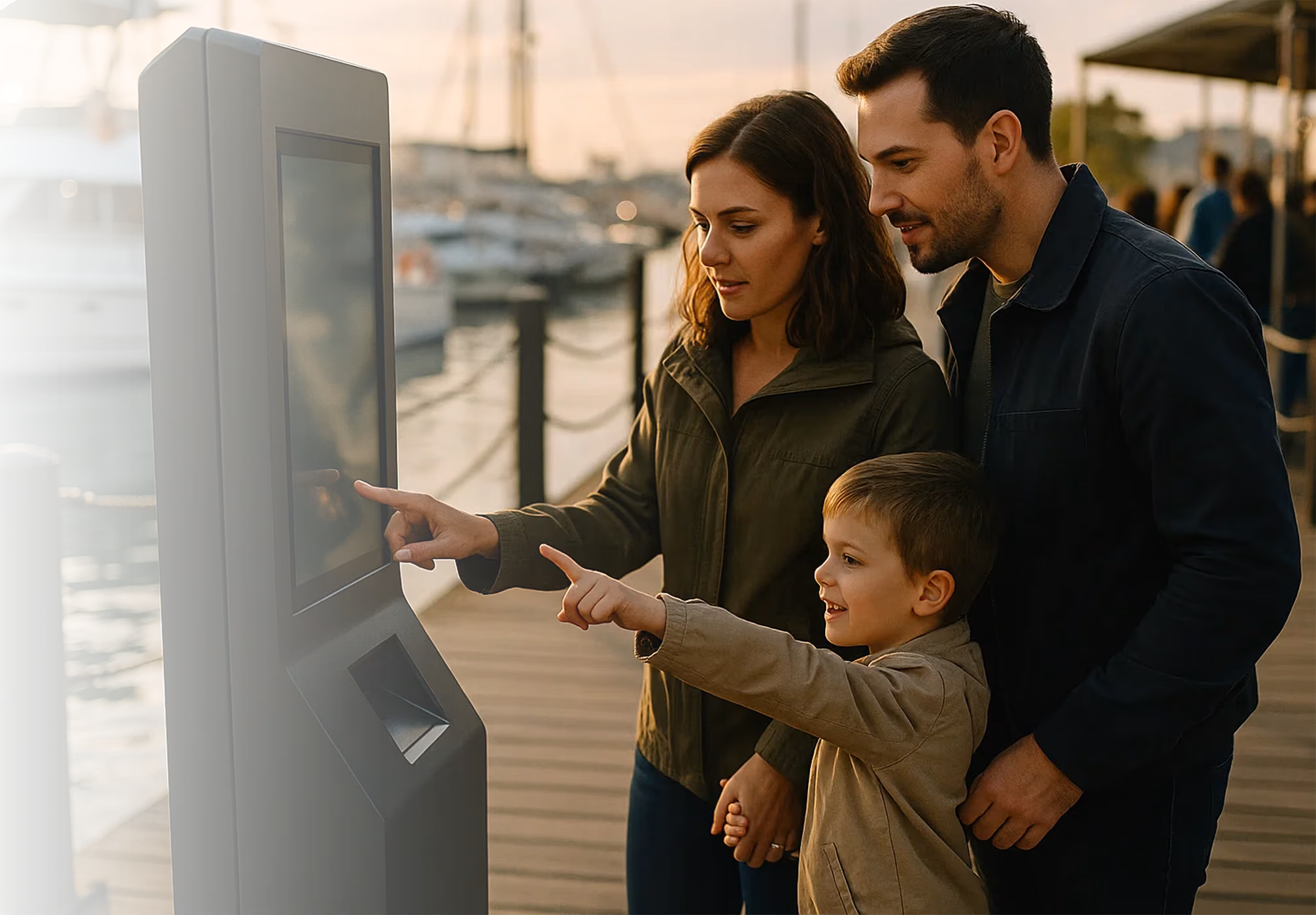 Family using a digital ticket kiosk at a marina with boats docked nearby.
