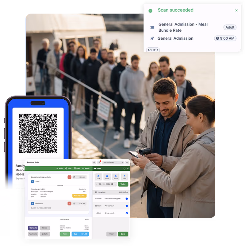 Staff scanning mobile tickets for passengers boarding a boat using RocketRez check-in system.