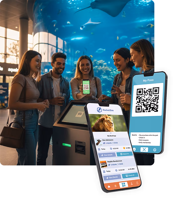 Guests use mobile tickets and a self-service kiosk for contactless entry at an aquarium powered by RocketRez.