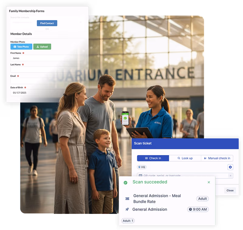 Family checks in at aquarium entrance as staff scan digital tickets using RocketRez membership and ticketing system.