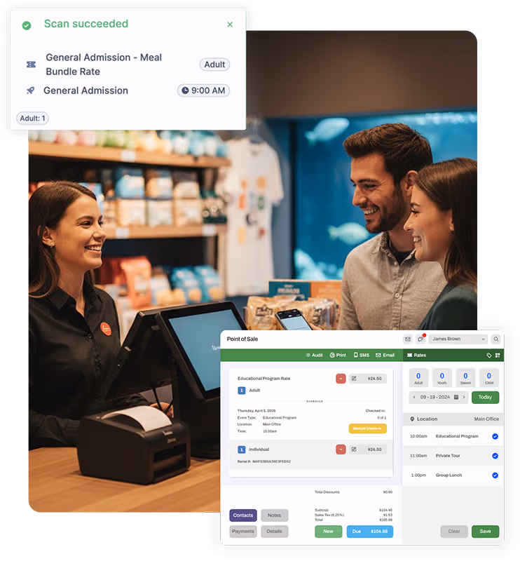 Museum staff scan digital tickets using RocketRez access control and mobile scanning system.