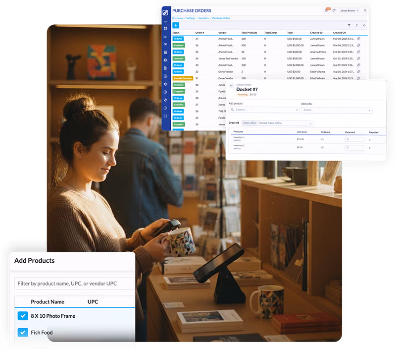 Visitor shops at a museum gift store using RocketRez retail and inventory management software.
