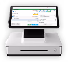 Modern point-of-sale system with a touchscreen display showing a checkout interface.